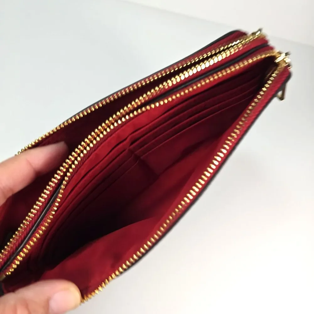 Coach Signature Double Zip Wristlet Wallet Brown Canvas Red Trim Leather